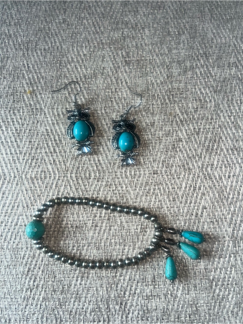 Turquoise Bead Owl Earrings and Bracelet Set - Turquoise